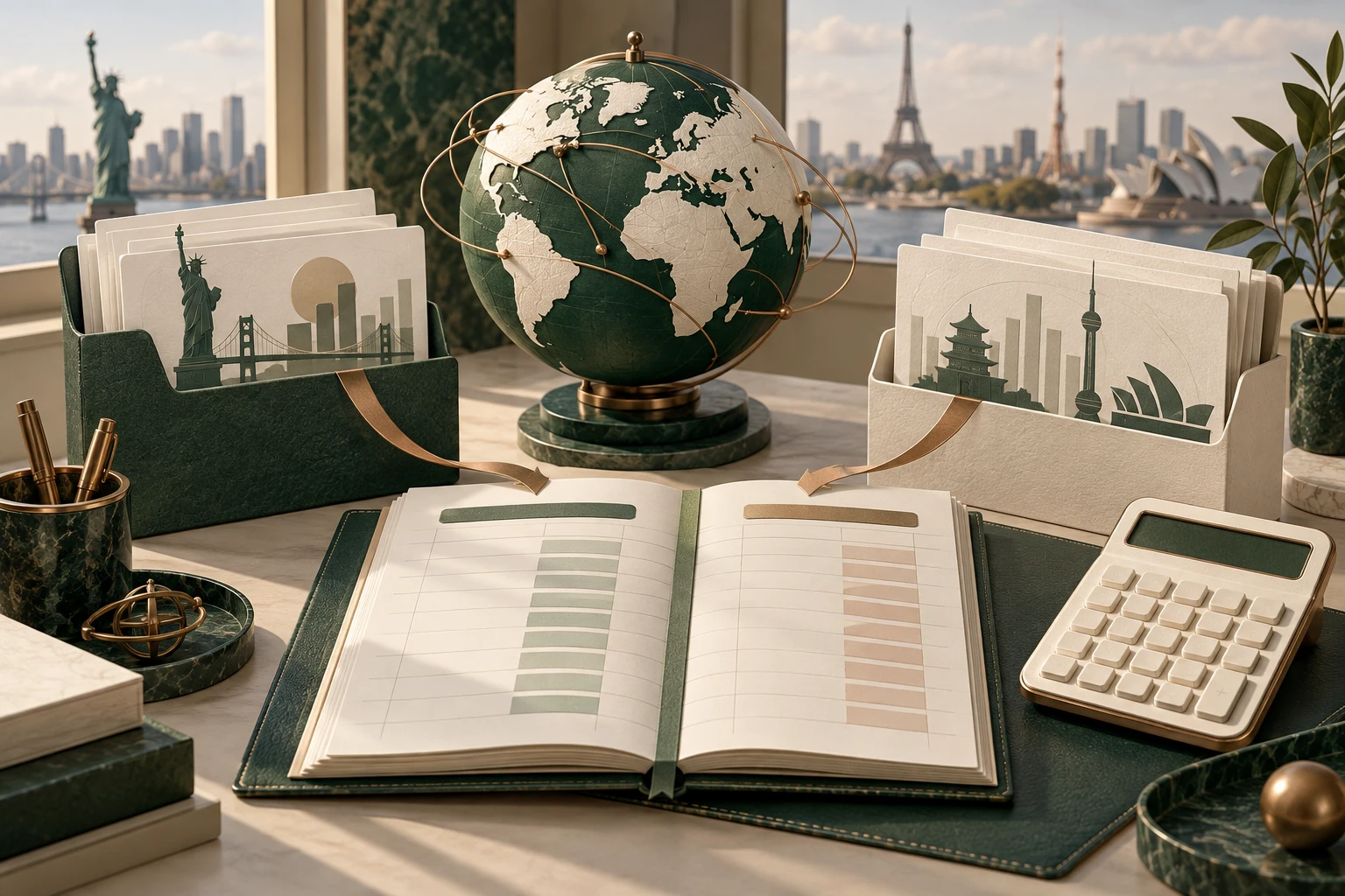 지구본과 해외 거래 자료를 하나의 장부로 모으는 개념 일러스트